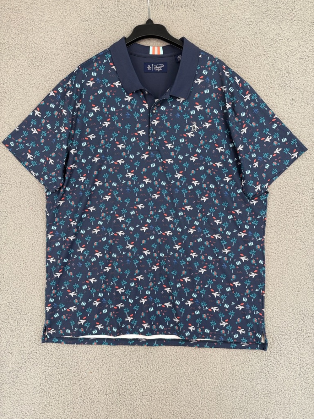 Penguin Men's XXXL short sleeve polo AOP Planes shirt Navy pullover Stretch